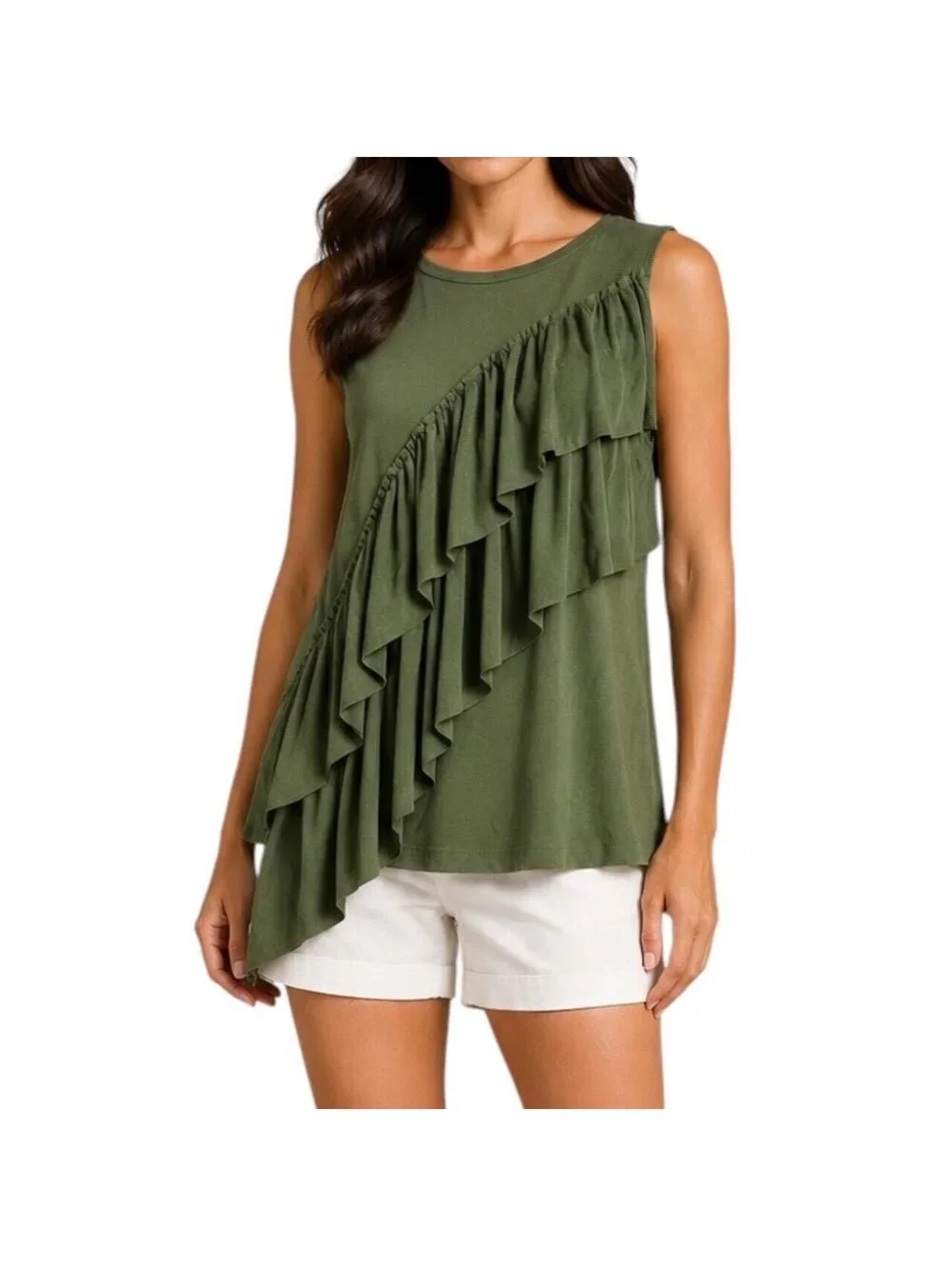 J.Crew Olive Green Ruffle Asymmetric Tank Top Size Medium Sleeveless Ribbed
